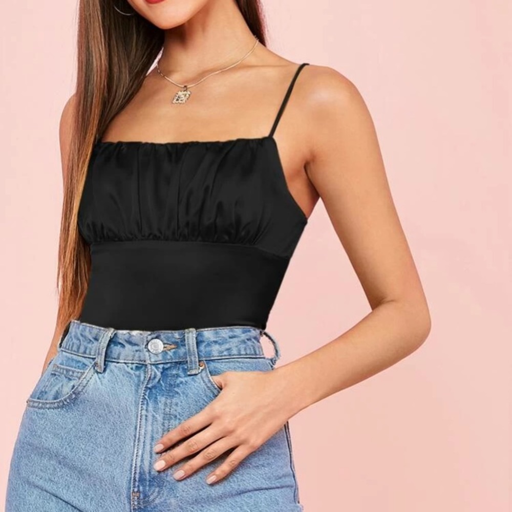 Black Satin Ruched Cami Crop Top